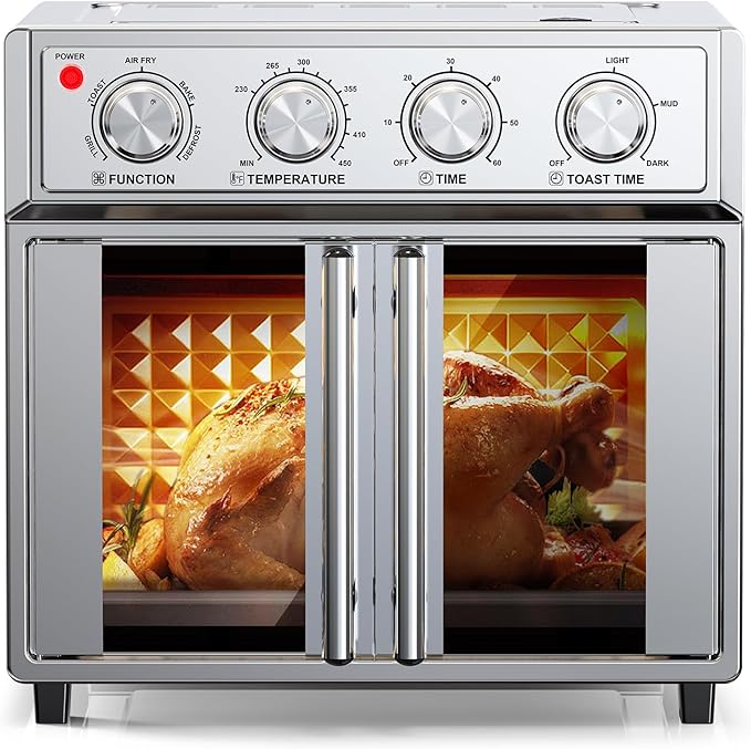 PlumChef 29.5QT Large capacity French Double-Door Air Fryer Convection Toaster Oven,1700W,7 Preset Menus,7-in-1 Multi-Function for Bake, Roast, Grill, Toast,Dehydrate& Defrost, Stainless Steel,silvery
