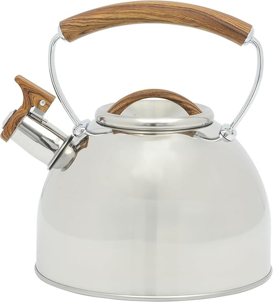 Mr. Coffee Fremont Large 2-Quart Stainless Steel Whistling Tea Kettle with Wood Handle – Durable Stove-Top Kettle for Boiling Water