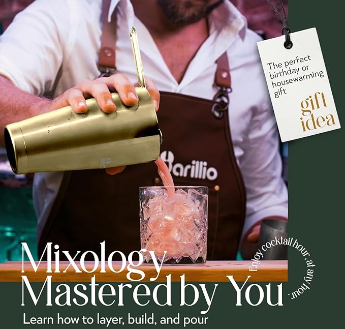 Barillio Gold Mixology Bartender Kit - 8 pcs Stainless Steel Travel Cocktail Shaker Set with Bag - Bar Tools Set with Martini Shaker, Drink Mixer Spoon & Mojito Muddler for Cocktails, Pourers & Jigger