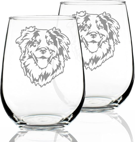 Australian Shepherd Face - Stemless Wine Glasses - Set of 2 - Unique Dog Themed Decor and Gifts for Lovers of Aussies - Large 17 Ounce
