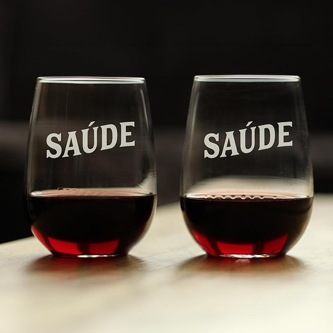 Bevvee Saude - Portuguese Cheers - Stemless Wine Glass - Portugal Themed Gifts or Party Decor for Women - Set of 2 - Large