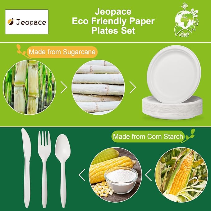 Jeopace Eco Paper Plates Set, 250PCS - 9 & 7 Inch Sugarcane Bagasse Biodegradable Plates, Cornstarch Cutlery for 50 People (White)