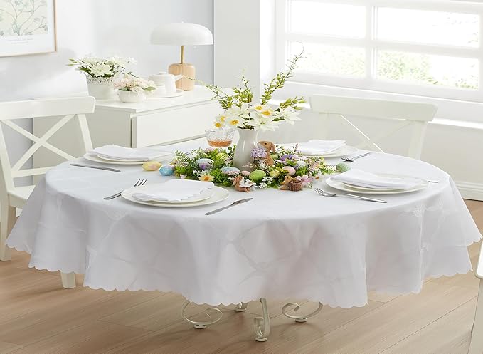 Newbridge Ribbons and Bows Damask Spring & Easter Holiday Fabric Tablecloth, White, 60 x 102 Inch Oval, Wrinkle & Stain Resistant Table Cover