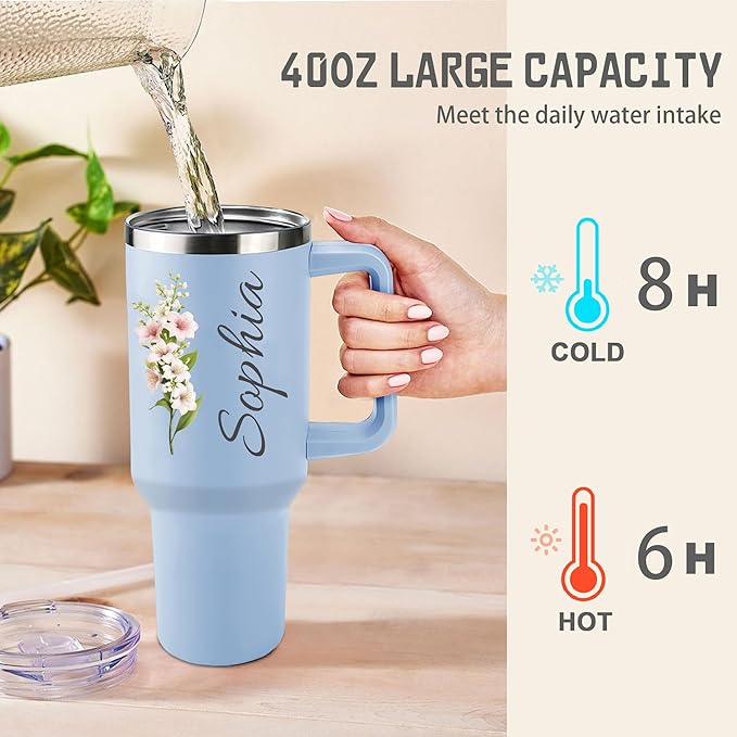 Ships Next Day,Birth Flower 40 Oz Tumbler with Handle and Straw, Personalized Tumbler with Name Insulated Cup Reusable Stainless Steel Water Bottle Travel Mug Christmas Birthday Gifts for Women