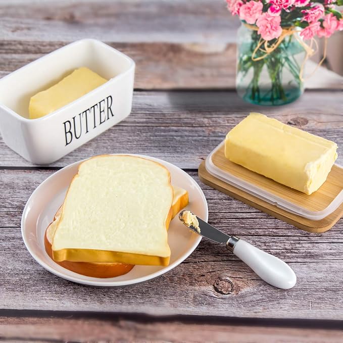 Hasense Porcelain Butter Dish with Bamboo Lid - Covered Butter Dish with Butter Knife for Countertop, Airtight Butter Container with Cover Perfect for East West Coast Butter, White