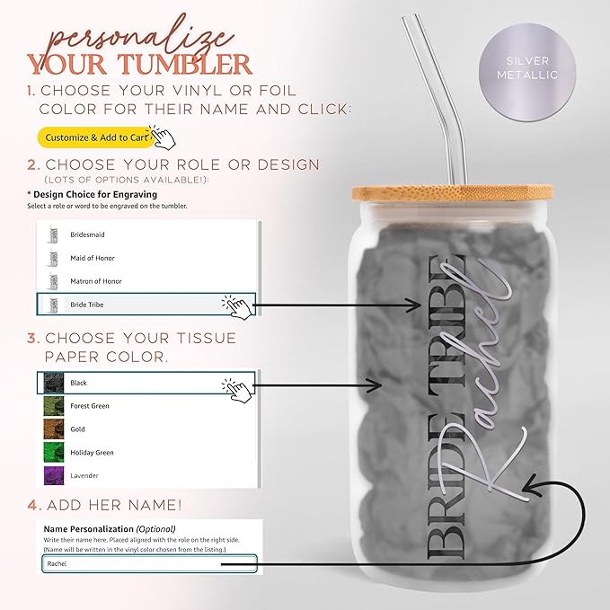 Elegant Frosted Tumbler For Bridesmaid Gifts, Personalized Glass Cup For Bridal Party Wedding Favors, Maid of Honor Cups for Bachelorette Party (FW1) (Silver Metallic)