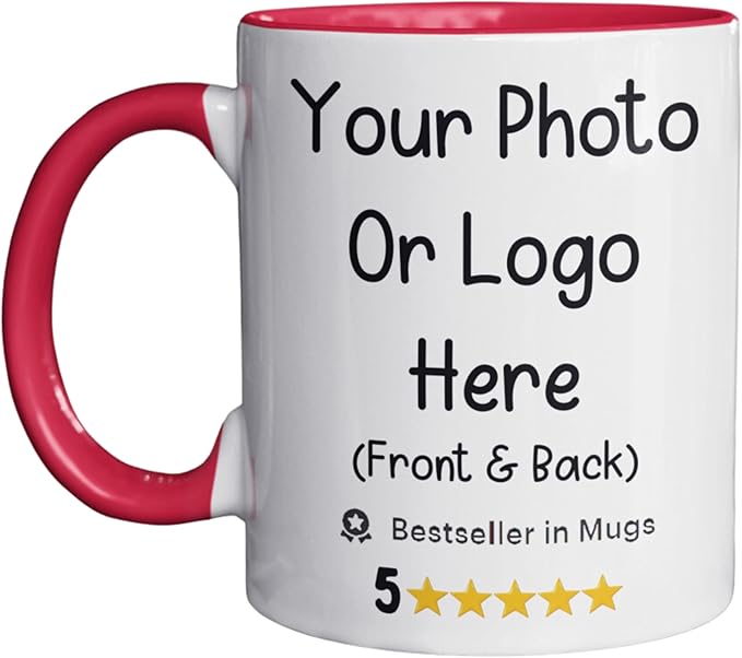 Personalized Coffee Mug, Custom Text, Photo or Company Logo Ceramic Mug, Customized 11oz Coffee or Tea Mug, Personalized Gift with Picture and or Text (White with Red Handle and Inside)
