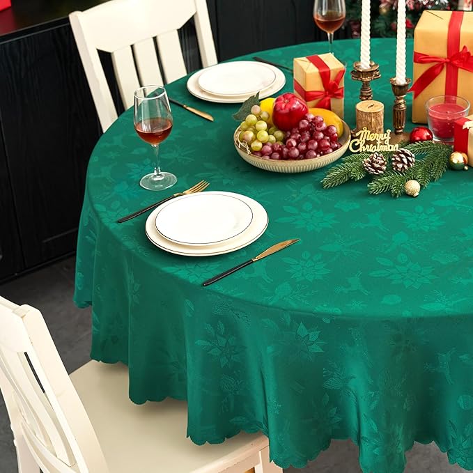New Year Christmas Round Tablecloth 70 Inch Blackish Green Table Cloths Waterproof Washable Wrinkle Free Leaves Jacquard Fabric Table Cover for 30-56”Tables-Kitchen Birthday Party Decor