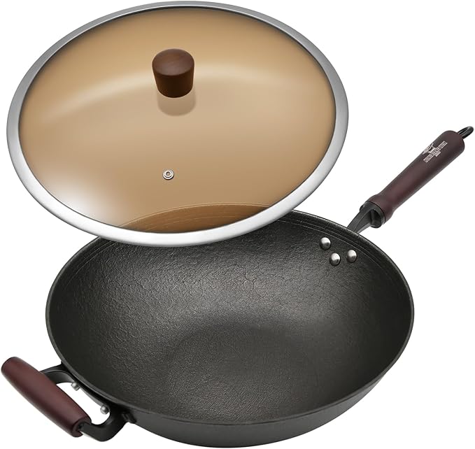 HONGJIANG Cast Iron Wok Pan with Lid, 12.6" Pre-Seasoned Flat Bottom Wok, Coating-Free Wok Stir Fry Pan, Compatible Traditional Chinese Wok for Induction, Electric, Gas, Open Fire