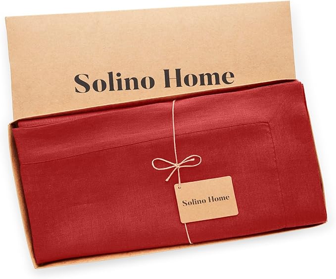 Solino Home Linen Red Tablecloth 60 x 120 Inch - 100% Pure Linen Rectangular Tablecloth - Machine Washable Table Cloth for Valentines, Winter - Fete