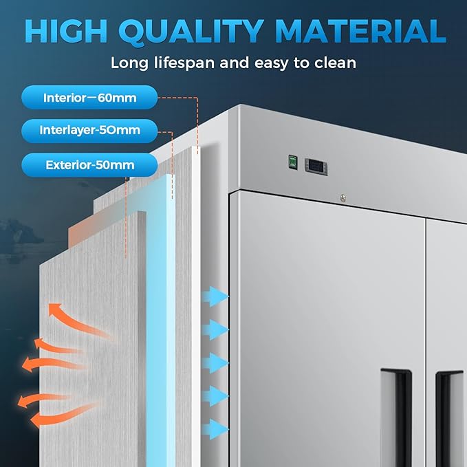 54" W Commercial Reach-in Freezer, ETL Upright 2 doors Auto-Defrost, 49 cu. ft. Bottom Mounted, stainless steel for Restaurant Kitchen Home Bar Shop -8°F