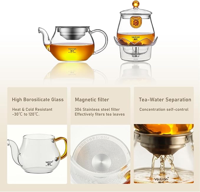 560ml (18.94 oz) Borosilicate Glass Teapot Set, 2-in-1 Gongfu Tea Brewer with Upper Brewing Pot and Lower Serving Kettle, Clear Teapot with Base for Blooming and Loose Leaf Tea