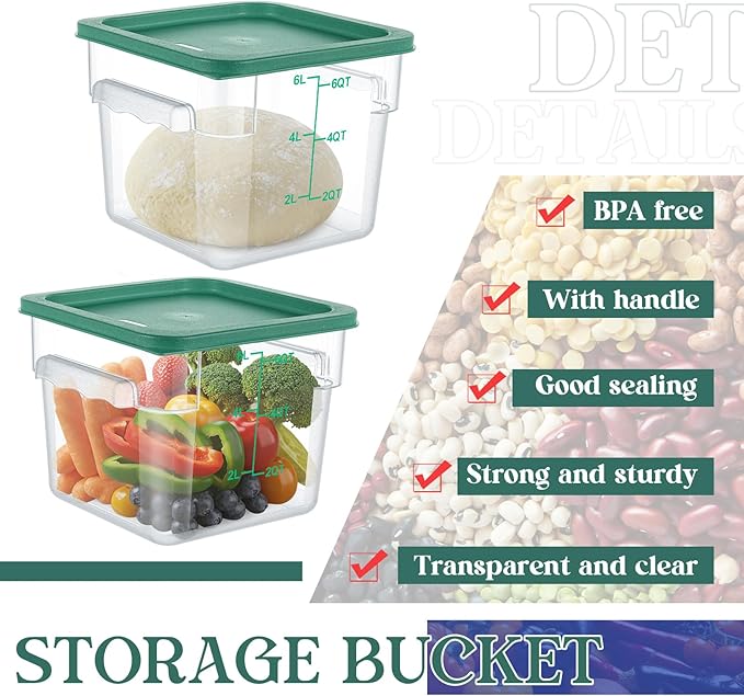 3 Sets 6 Qt Square Food Storage Containers with Lids Dough Proofing Bucket Commercial Polycarbonate Containers with Scale Clear Airtight Cereal for Pantry Home Restaurant (Green)