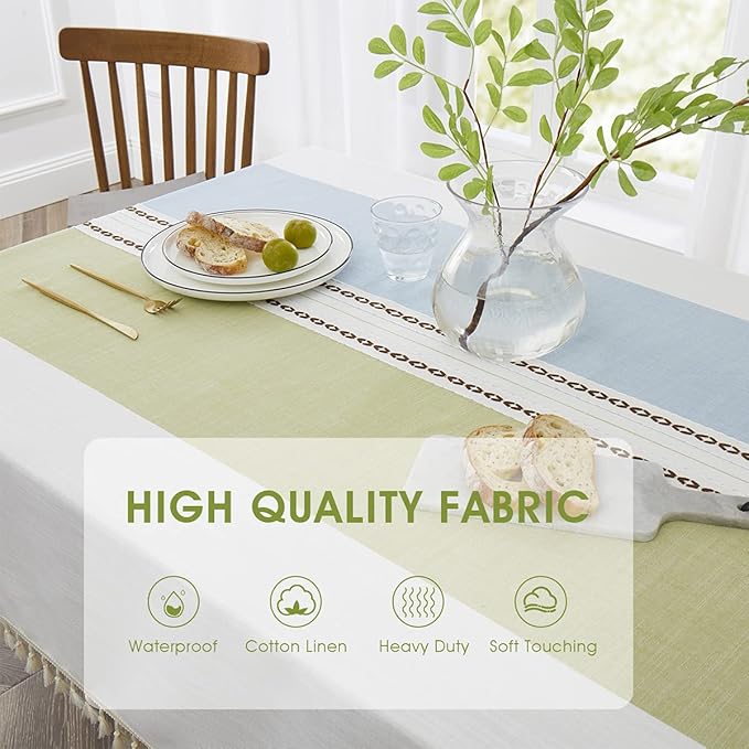QIANQUHUI Embroidered Tablecloth for Dining Table,Dust Proof Spillproof Soil Resistant Cotton Linen Rectangle Table Cloths (Green Blue, Rectangle/Oblong, 55'x120'', 10-12 Seats)