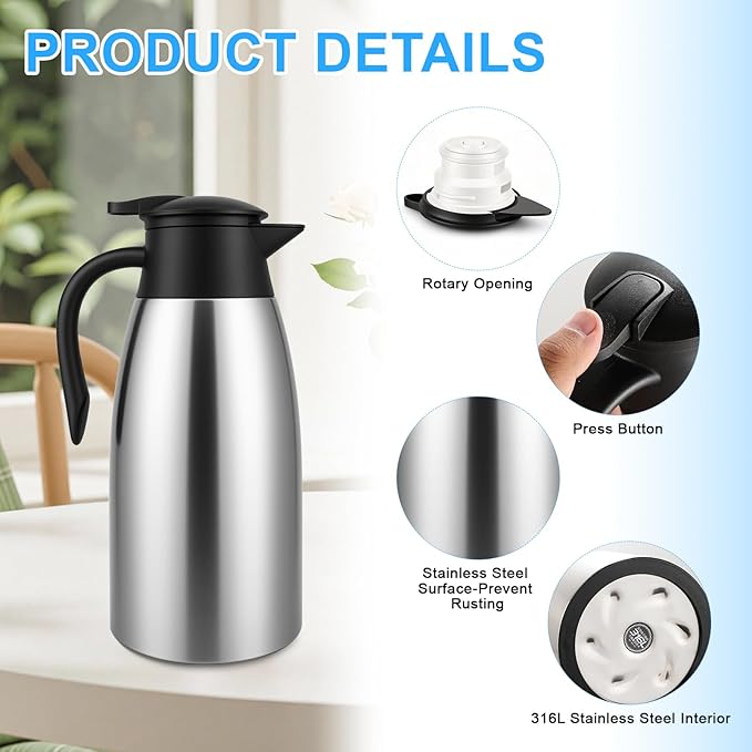 8 PCS 68 Oz Thermal Coffee Carafe with 8 PCS Brushes, SUS 304 Stainless Steel Double Walled Vacuum Insulated Coffee Carafes for Keeping Hot 12 Hours, Cold 24 Hours, Carafe for Hot Liquids, Beverages