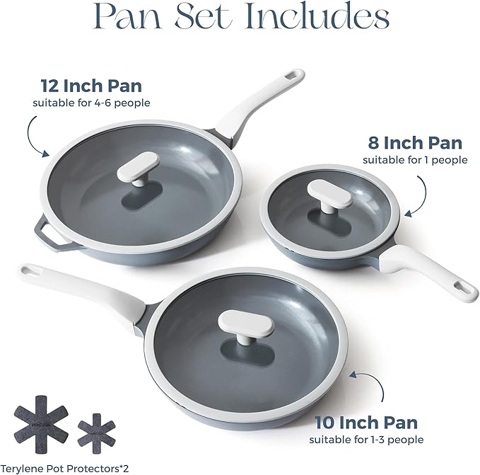 PRICUSIS 8Pcs Ceramic Nonstick Frying Pan Set with Lid, 8+10+12 Inch Induction Compatible Skillet with Stay Cool Handle, Fully Coated, 100% Dishwasher Safe, PFAS & PTFE & PFOA Free (Blueberry Gray