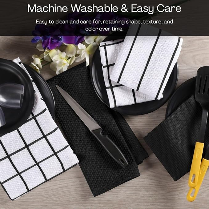 Assorted Waffle Kitchen Dish Towels Cotton Set of 6, Soft Absorbent Quick Drying Table and Kitchen Linen, Tea Towels and Cleaning Towels with Hanging Loop, Dish Towels 15x25 Black