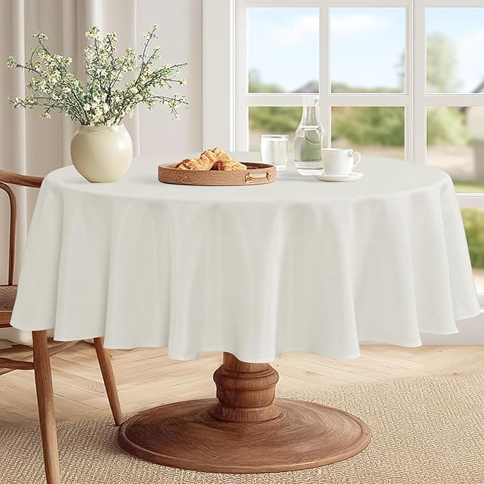JIUZHEN Faux Linen Round Tablecloths 102 inch, Decorative Wrinkle Free Texture Rustic Circle Table Cloth Cover for Kitchen, Dining, Party, Wedding, Outdoor Use (102 Inch Round,White)