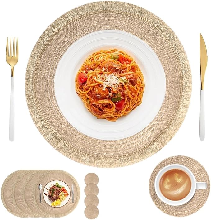 Tassels Round Placemats Set of 4 Braided Boho Mandala 35CM Circle Table Placemats with Coasters for Wedding Holiday Party Decor(Sliver Grey,8 Set)