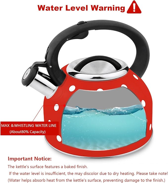 Red and White Polka Dot Tea Kettle, Cute Whistling 2.6 Quarts Tea Pot for Stove Top, Stainless Steel Teapot Stovetop with Cool Grip Ergonomic Handle Gas & Electric Stove Safe(2.5L)