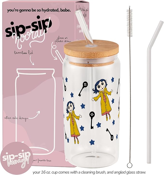 Sip-Sip Hooray! Button Doll 16oz Glass Can Cup with Lid & Straw, Cute Iced Coffee Tumbler, Dishwasher Safe Matcha Glass, Kawaii Soda Can Drinkware, Gift for Girls & Aesthetic Lovers