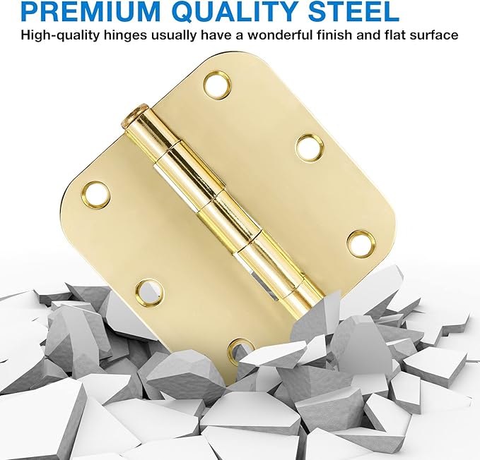 12 Pack Interior Door Hinges 3.5 inch X 3-1/2" 5/8 Radius, Polished Brass 3 ½" Gold Round Standard Hinge for Bedroom Doors DIY Assembly Bi-fold Table Hardware Home Accessories House Eseentials