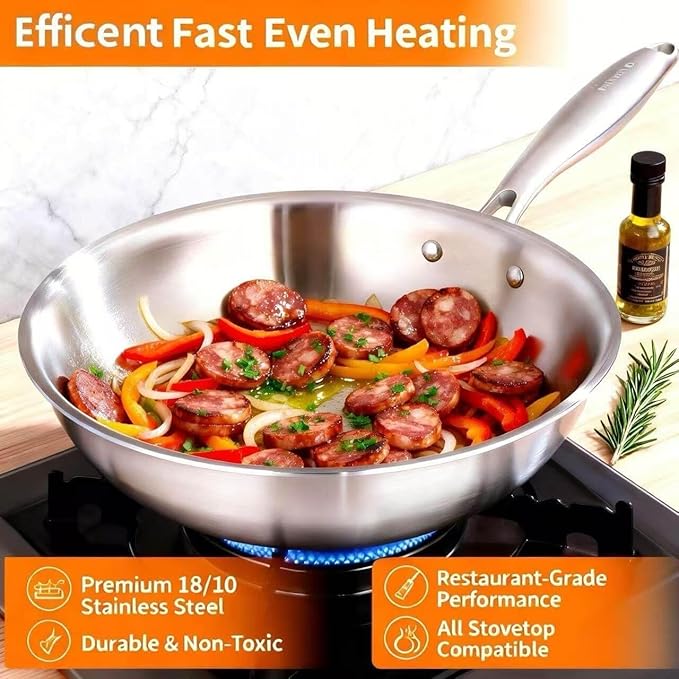 DELARLO Woks & Stir-Fry Pans, 13 in Stainless Steel Pan with Lid, Large Cooking Surface, Tri-Ply Stainless Steel Wok Pan,High Side 3 Layer Stainless Steel Saute Pan, Wok for induction cooktop, 600℉