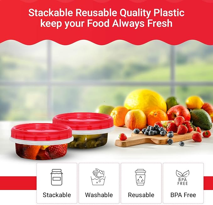 [Red - 12 Pk] Airtight Deli Containers with Lids Twist Lock Top Clear Food Storage for Meal Prep Snacks and Leftovers Freezer and Microwave Safe Stackable Leak-Resistant and 12 Pc. Set (8 Ounce)
