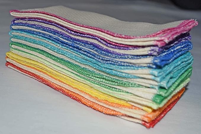 Gina's Soft Cloth Shop 2 Ply 11x12 Inches Unbleached Cotton Birdseye Paperless Towel Set of 10 Rainbow Edging - Proudly Made in the USA!