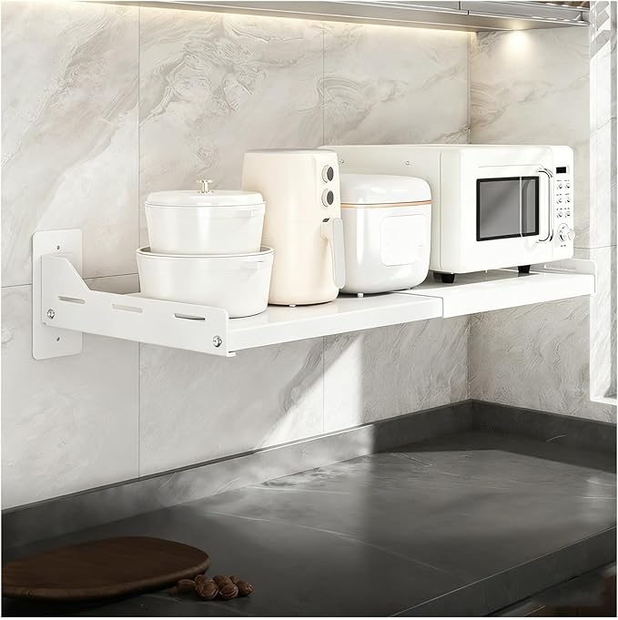 Under Cabinet Microwave Oven Mounted – Extendable Kitchen Microwave Oven Rack,Carbon Steel Adjustable Wall Shelf for Organizer (L 14-23.6In) Oven Shelf for Top Of Stove for Kitchen Storage Rack(White)