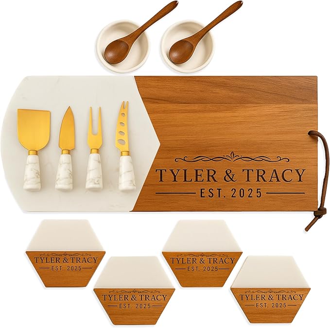 Personalized Charcuterie Board Gift Set – Custom Acacia & Marble Cheese Board with Utensils, Wedding, Housewarming, Couples, Bridal Shower, Engagement, Women, Men, Valentines Day Gifts for Her, Him