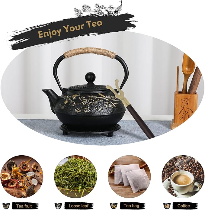 RekRang Longevity Crane Cast Iron Teapot, Japanese Style Tetsubin Tea Kettle with 4 Cups, Removable Infuser and Trivet, Antique Cast Iron Tea Set for Stove, 800ml, 28Ounce