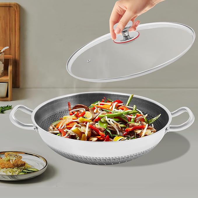 Wok Pan,Hybrid Wok with Lid,Non Stick Stainless Steel Woks & Stir-fry Pans Nonstick Frying Pan Dishwasher and Oven Safe, Works on Induction (13 inch)