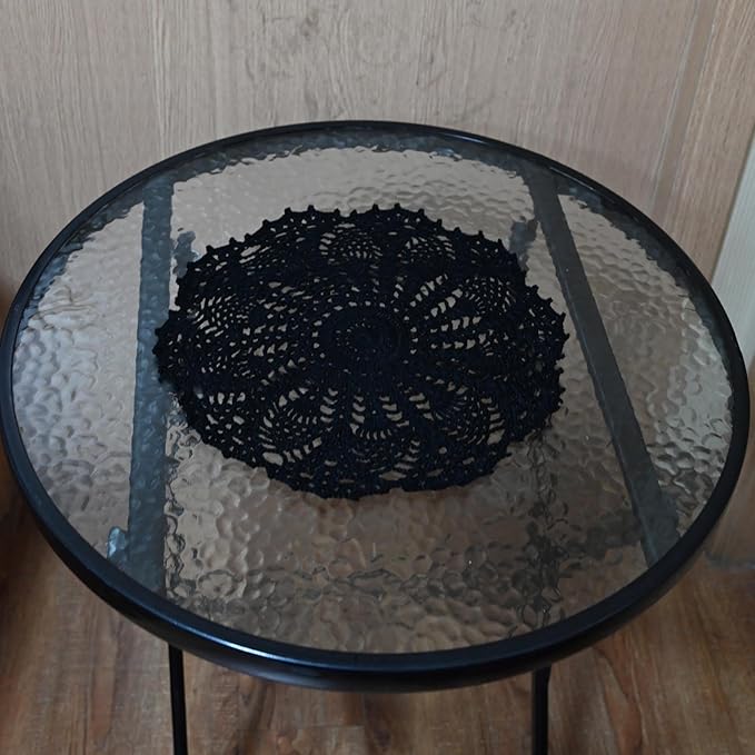 BIBITIME 2pcs 11 inches to 12 inches Lace Doilies Crochet Handmade Lace Coasters Round Placemat Rustic Table Doilies Decors for Kitchen Dining Room Party Dressers Black