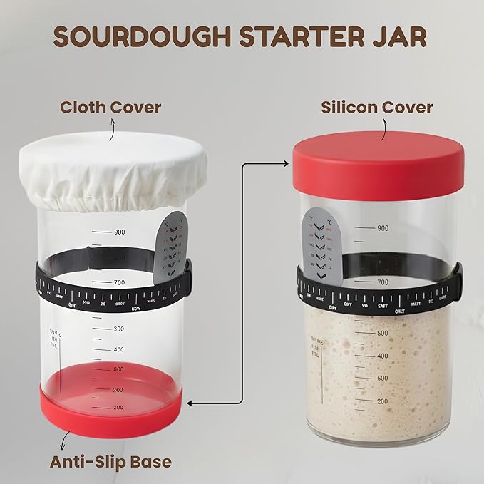 EROIR Sourdough Starter Kit - 38oz Glass Starter Jar with Date Marked Feeding Band, Thermometer, Jar Scraper, 9" Round Bread Proofing Basket, Dough Whisk, Lame, Bowl Scraper, Clean Brush, Recipes Book