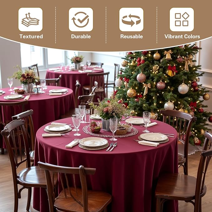 sancua Round Tablecloth 108 Inch Diameter, 8 Pack Burgundy - Circle Polyester Fabric Table Cloth for Chiristmas Party Reception Banquet Birthday, Washable Formal Table Cover (Fit 42-96 Inch Tables)