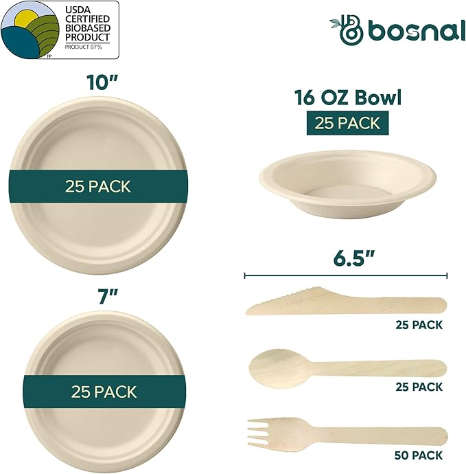 BOSNAL 10 inch & 7 inch Round Plates with 16 oz Bowls & Cutlery – 100% Plant-Based Sugarcane Bagasse, Eco-Friendly Disposable Dinnerware for Hot & Cold Meals, Microwave Safe, Durable & Compostable