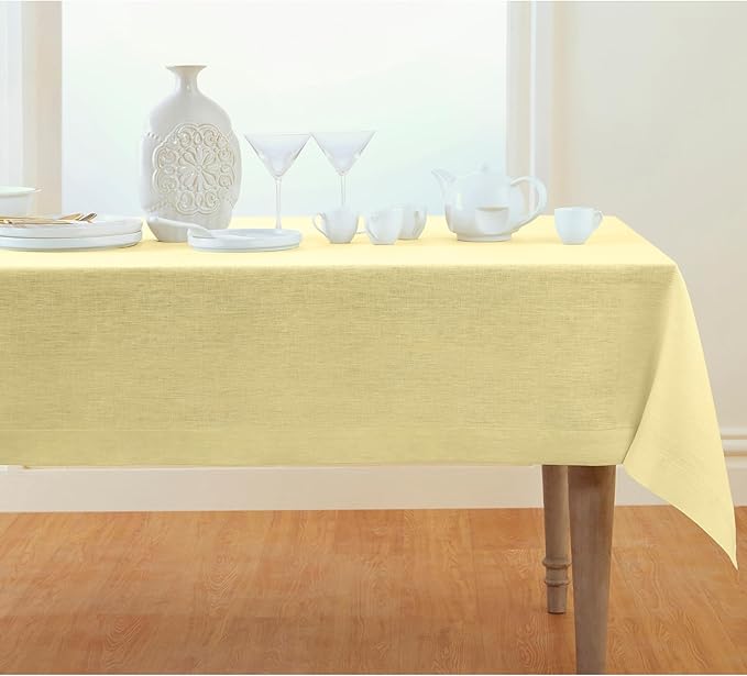 Solino Home Linen Tablecloth 60 x 90 Inch - 100% Pure Linen Chambray Yellow Table Cloth for Rectangular Tables - Athena, Machine Washable Cloth Tablecloth for Spring, Easter