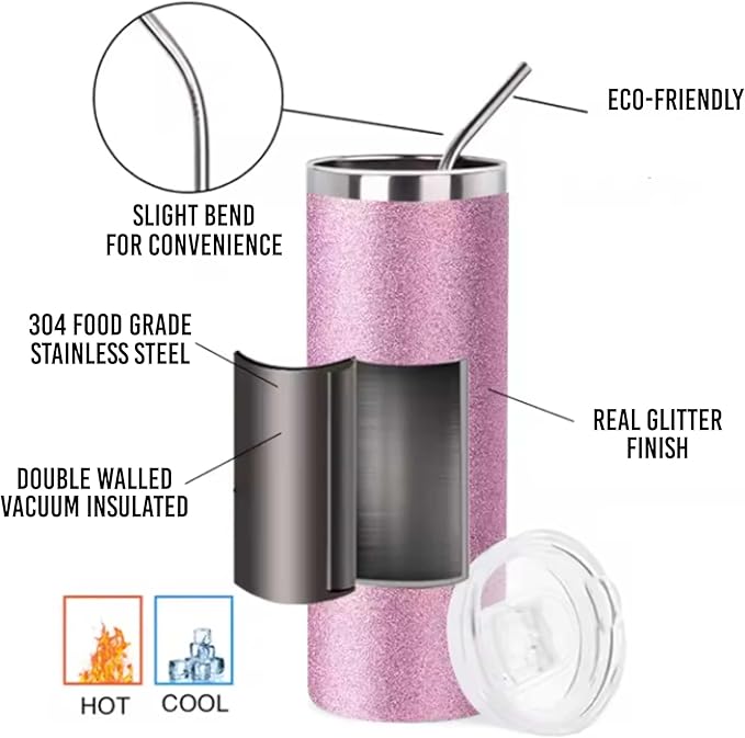 MRC Wood Products Personalized 20oz Glitter Tumbler with Floral Motif - Custom Name Insulated Cup, for Her (Pink)