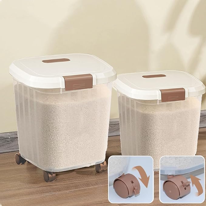 RUIAN 2PCS Airtight Food Storage Bin with Wheels BPA-Free, Lockable&Clear Pantry Organizer for Rice, Flour, Grains & Pet Food,Removable Wheels(22LBS and 33LBS)
