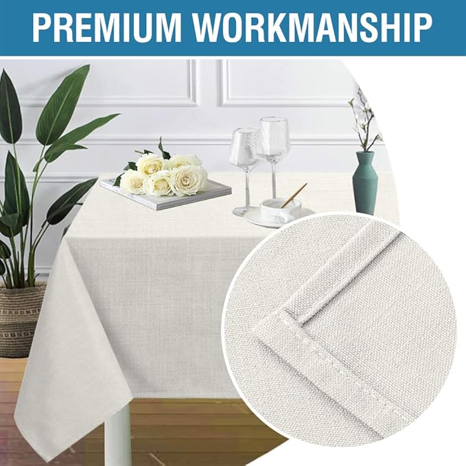H.VERSAILTEX Linen Textured Table Cloths 60 x 104 Inch Premium Solid Tablecloth Spill-Proof Waterproof Table Cover for Dining Buffet Feature Extra Soft and Thick Fabric Wrinkle Free, Ivory