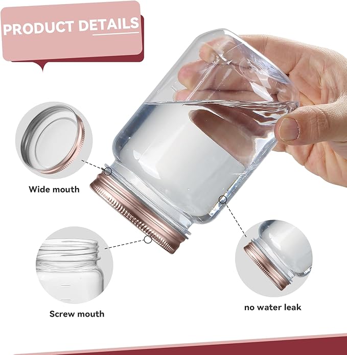 novelinks 16 oz Clear Plastic Jars with Lids, Refillable 16oz Mason Jars with Lids & Storage Containers for Kitchen & Household Use (15 Pack,Rose Gold)