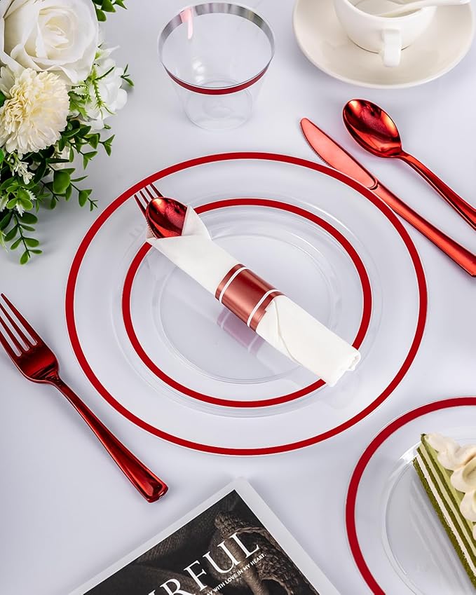 350PCS Disposable Clear Red Dinnerware Sets for 50 Guests, Plastic Plates for Party, 100 Plastic Plates, 50 Cups,50 Pre-Rolled Napkins with Cutlery for Parties, Christmas, Wedding