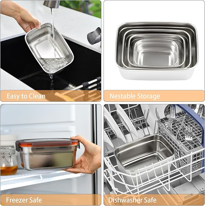 4 Pack Food Storage Containers with Lids, Stainless Steel Fridge Storage Containers Airtight Leak-Proof Metal Storage Containers for Food Leftover Storage at Home or for Camping Trip Road Trip