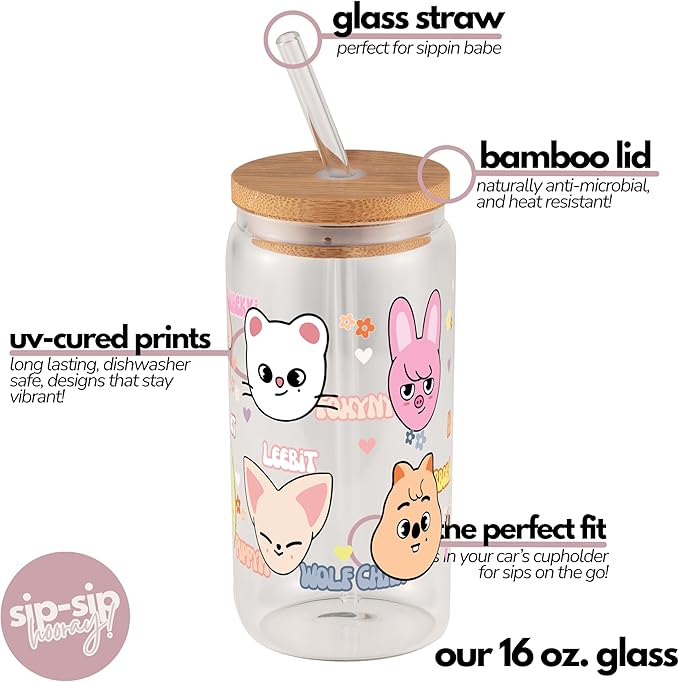 Sip-Sip Hooray! Skzoo Kpop Glass Tumbler with Lid and Straw, 16oz Iced Coffee Cup, Stray Kids Merch, Reusable Glass Cup, Cute Soda Can Lids with Straw, Gift for Fans and Teens