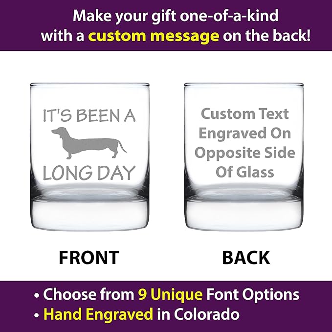 Custom Long Day - Funny Dachshund Personalized Whiskey Rocks Glass Gifts for Men & Women - Fun Whisky Drinking Tumbler Décor