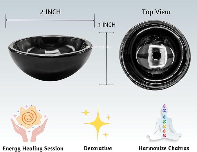 Black Obsidian Crystal Bowl - 2 Inch Decorative Bowls for Room and Home Decor - Gemstone Healing Crystals for Elegant Display, Positive Energy Balance and Gift