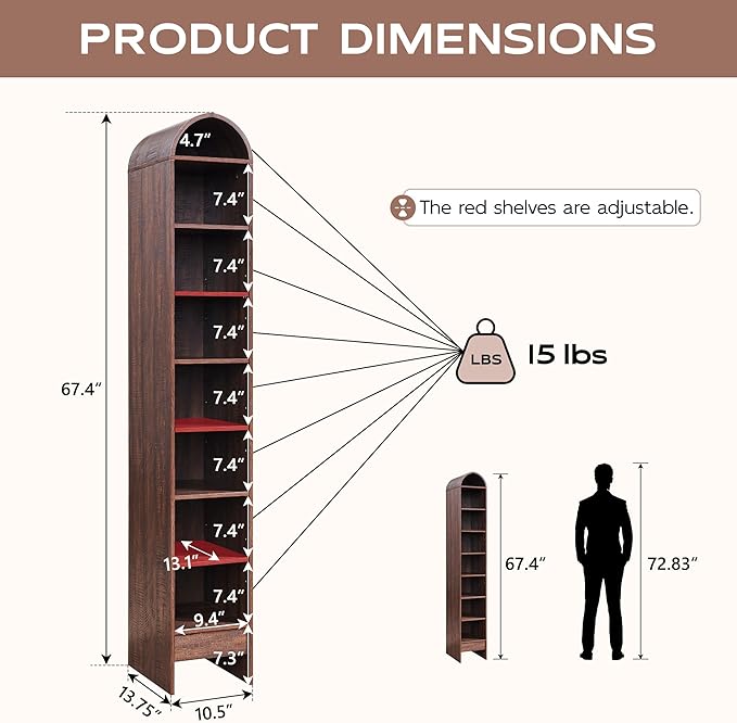 67" Tall Arched Bookshelf, 8 Tiers Arch Bookcase with Storage, Modern Farmhouse Book Shelf with Adjustable Shelves, Wood Bookshelf w/Open Display Shelves for Living Room, Office (Brown)