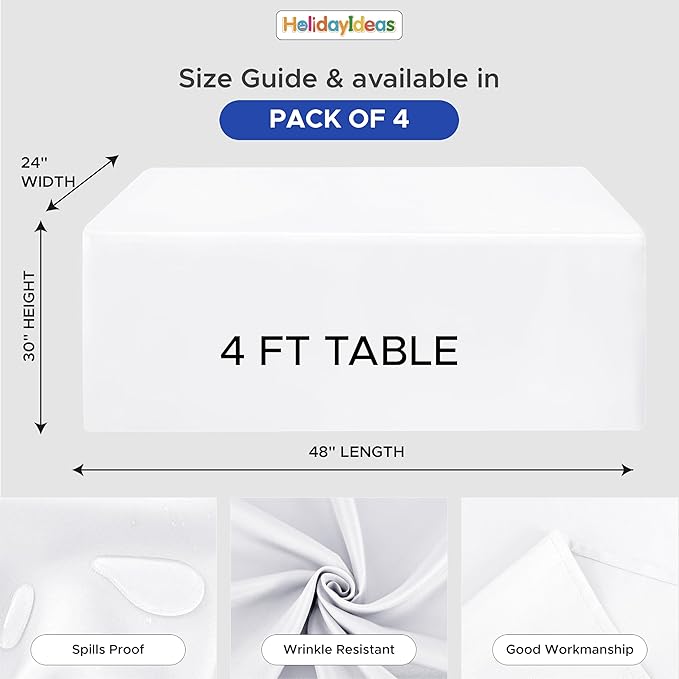 HolidayIdeas Fitted Tablecloths for 4 Ft Rectangle Folding Table, Wrinkle Resistant Washable White Table Cover 24x48 Inch for Vendor Booth Display, Banquet, Trade Show, 4 Pcs