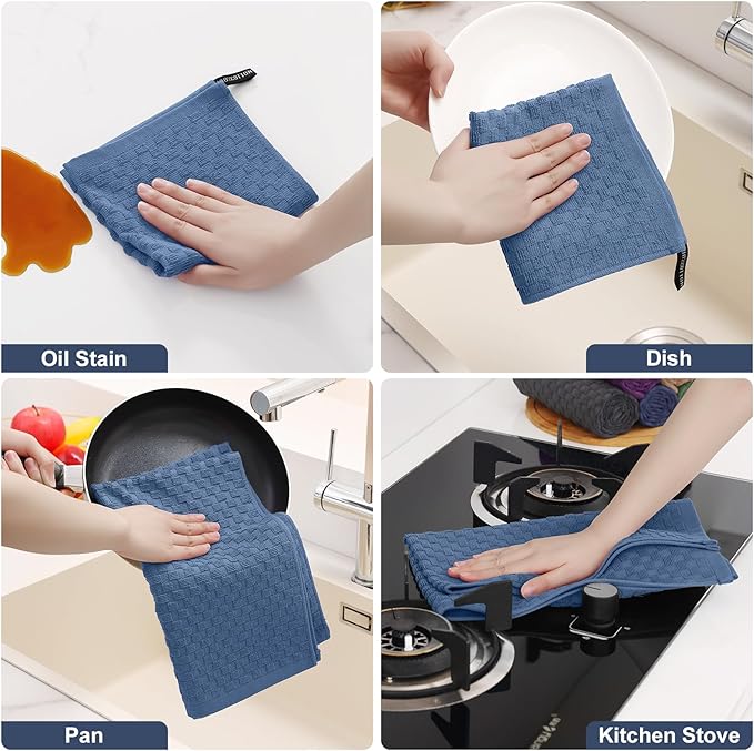 Homaxy 100% Cotton Kitchen Towels and Dishcloths Set, 12 x 12 & 15 x 25 Inches, Set of 10 Bulk Terry Cloth Dish Towels, Super Soft and Absorbent Hand Towel with Hanging Loop, Navy Blue